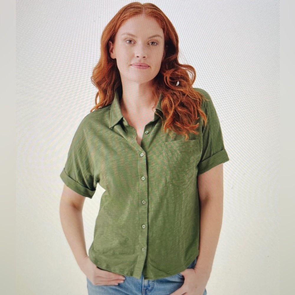 Pact Oliveine Relaxed Slub Button Up Women's Shirt